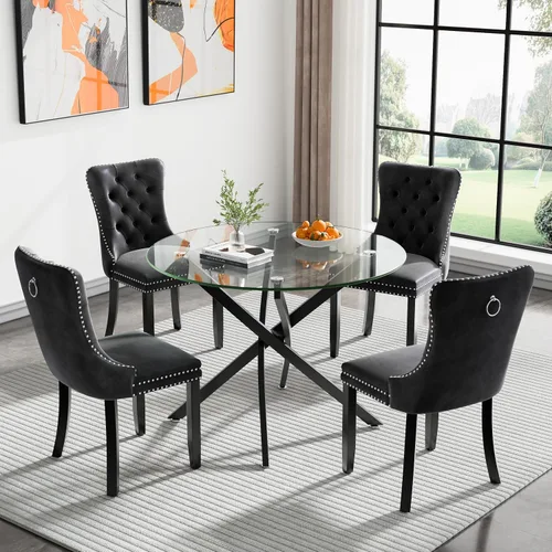 Vista 27 de Juego de mesa de comedor SSLine moderno de 3 piezas con mesa redonda de vidrio para 2, lujosa mesa de comedor circular de 36" con tapa de vidrio