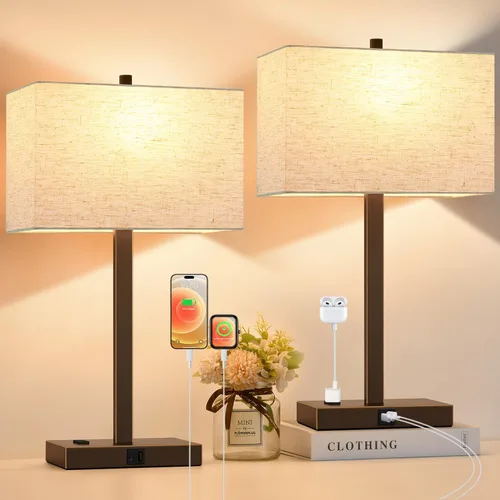 Vista 10 de Lynnoland Juego de 2 lámparas de noche de 21 pulgadas con tomas USB A+C y CA, control táctil, regulables de 3 vías, para dormitorio, sala de estar