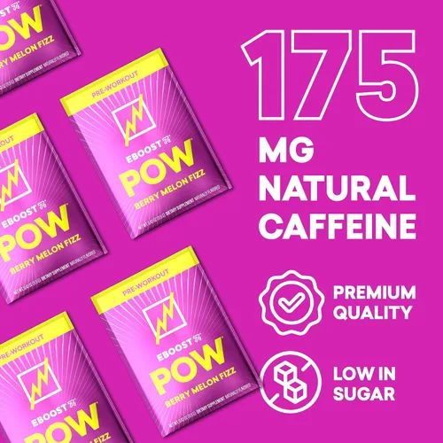 Vista 4 de EBOOST POW Natural - Polvo de preentrenamiento – 15 paquetes – Berry Melon Fizz – Un suplemento preentrenamiento para el rendimiento, apoyo