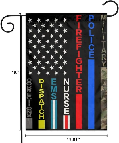 Vista 6 de Nadie lucha solo con bandera militar estadounidense, policía del ejército, bombero, bombero, azul, verde, rojo, línea fina, lino negro, tela