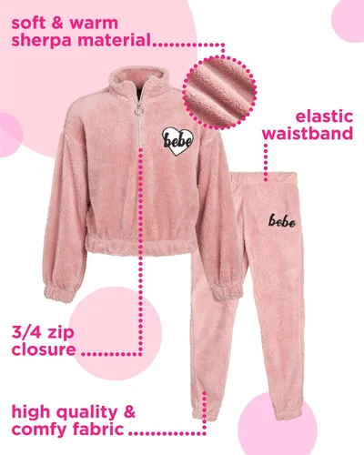 Vista 2 de bebe Girls' Jogger Tracksuit Set 2 Piece Sherpa Fleece Quarter-Zip Pullover Sweatshirt and Sweatpants (Sizes 7-16)