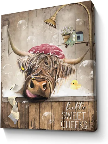 Vista 24 de Bonito oso para decoración de baño, arte de pared divertido con estampado de oso de casa de campo, pintura decorativa de pared enmarcada moderna