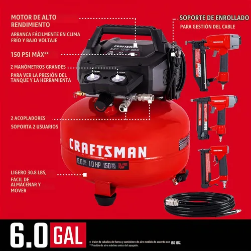 Vista 4 de Craftsman Compresor de Aire Tipo Panqueque de 6 Galones Kit Combo de 4 Herramientas, 150 PSI, Libre de Aceite, Incluye Clavadora de Acabado 16GA