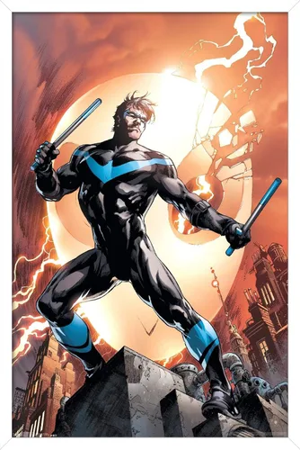 Vista 23 de Trends International DC Comics Nightwing - Póster de pared de fuego, 14.725 x 22.375 pulgadas, versión enmarcada de madera de granero