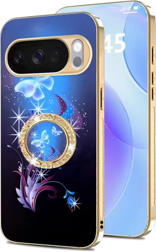 Vista 32 de nancheng Funda para Google Pixel 6 de lujo, diseño de abeja, corazón y abeja, chapado en oro, con anillo de diamante de 360°, correa de cordón