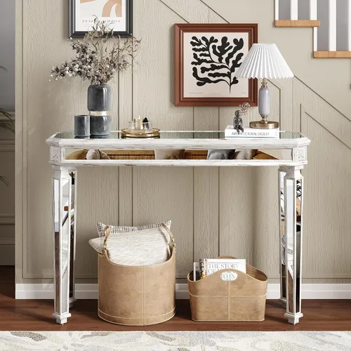 Vista 15 de Henf Escritorio de tocador con espejo para dormitorio, mesa de tocador de maquillaje, mesa de sofá con 2 cajones de diamantes sintéticos, moderno