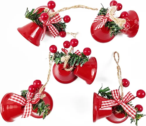 Vista 4 de TIHOOD 6 piezas campanas rojas de Navidad de 3 pulgadas, adorno colgante de árbol campanas de metal con cascabel para decoración navideña