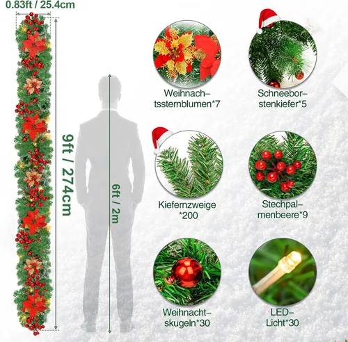 Vista 2 de Guirnalda de Navidad, guirnalda de Navidad con luces, funciona con pilas, 9 pies, de ratán, flores artificiales y vid artificiales de Navidad