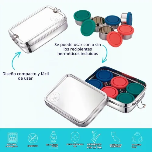 Vista 3 de Caja Bento reutilizable de acero inoxidable: 6 recipientes de 1.7 fl oz incluidos Sin plástico Apto para lavavajillas Sin derrames, a prueba