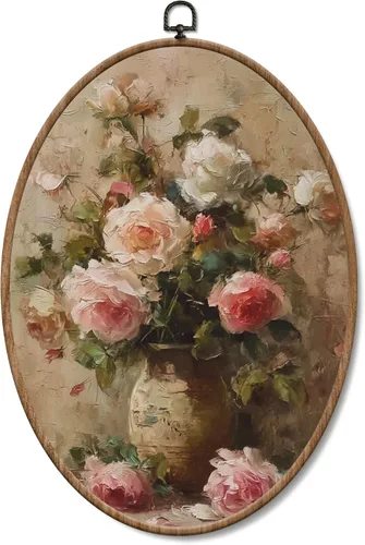Vista 8 de Yorhifa Grandmillennial - Arte de pared enmarcado con lazo rosa coqueta, arte de pared redondo de chinoiserie azul y blanco, decoración de paredes