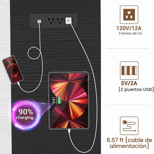 Vista 8 de Armocity Escritorio para computadora con luces LED, escritorio de 48 pulgadas con toma de corriente y USB, escritorio grande reversible con soporte
