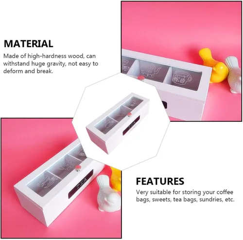 Vista 6 de Wood Tea Box with Top, Three-compartment Organizer