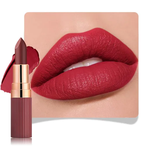 Vista 6 de evpct Lápiz labial mate aterciopelado rojo rubí para mujeres mayores, de larga duración, cremoso y sedoso, de larga duración, impermeable, a prueba