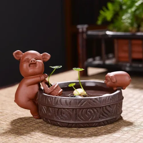 Vista 2 de Purple Clay Boutique - Juego de té para mascotas, ceremonia de té de pescado, cerámica que atrae dinero, lindo bonsái de carne, plantas en maceta