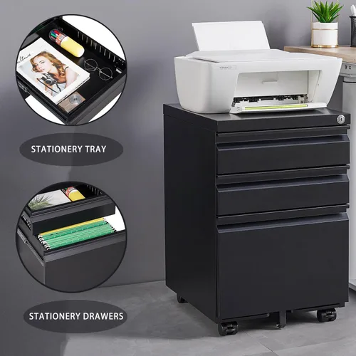 Vista 6 de Archivador rodante con cerradura, archivador de almacenamiento de oficina de 3 cajones para tamaño carta, archivador de metal de acero para oficina