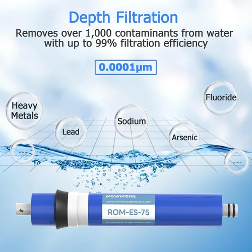 Vista 3 de Filtro de membrana RO 75 GPD con carcasa, membrana de ósmosis inversa de repuesto para el hogar, debajo del fregadero, sistema de filtración