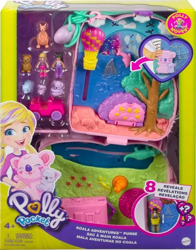Vista 6 de Polly Pocket Muñecas y accesorios, juego de monedero Koala con 2 micro muñecas, 1 auto de juguete y 5 animales, juguete de viaje 2 en 1