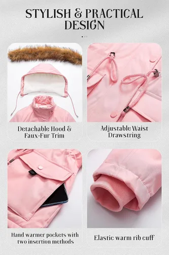 Vista 6 de Chrisuno Parka de invierno para mujer, forro polar suave, con cordón y capucha de piel sintética
