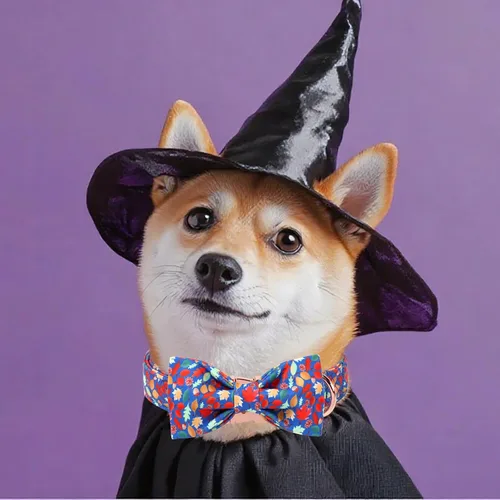 Vista 5 de Collar de perro de arce otoñal con lazo, lindo collar de cachorro de hojas rojas para Halloween, Acción de Gracias, collar para mascotas de otoño