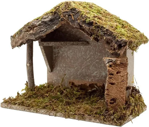 Vista 2 de VILLAGE GIFT IMPORTERS Nativity Creche - Estable 8.5 pulgadas de alto 10 pulgadas de ancho Techo y suelo de musgo realista Trabajo de textura
