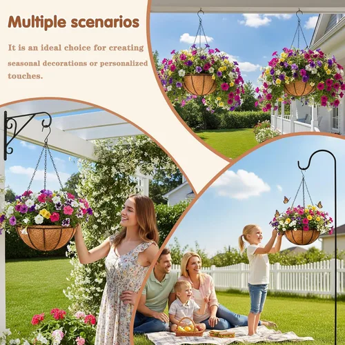 Vista 7 de Cestas colgantes de metal de 8 pulgadas para plantas al aire libre, paquete de 4 cestas colgantes redondas de alambre de metal con forro de fibra