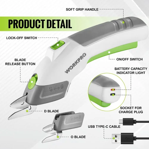 Vista 2 de WORKPRO Tijeras eléctricas inalámbricas con 2 cuchillas y tijeras eléctricas inalámbricas WORKPRO