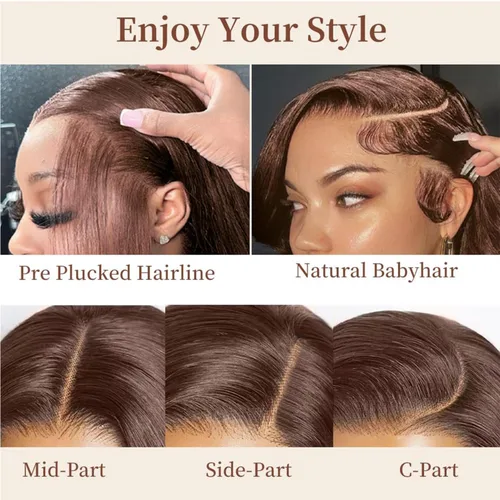 Vista 5 de SOPSFR Pelucas de cabello humano con encaje frontal de 13 x 6, densidad 200, pelucas de cabello humano lacio marrón chocolate con bebé alrededor
