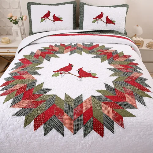 Vista 3 de vctops Juego de edredón acolchado de algodón navideño de 3 piezas (pájaros, Queen extragrande) Juego de ropa de cama de retazos con diseño
