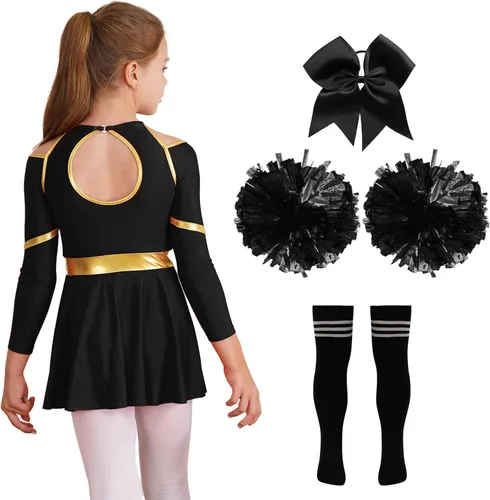 Vista 4 de TSSOE Uniforme de animadora para niñas, vestido de leotardo de manga larga, traje de animadora líder