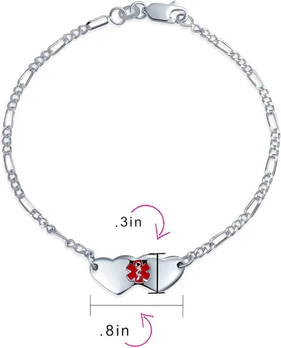 Vista 5 de Pulsera de identificación de alerta médica grabable con doble forma de corazón en blanco para mujeres y adolescentes, de plata de ley 925, muñeca