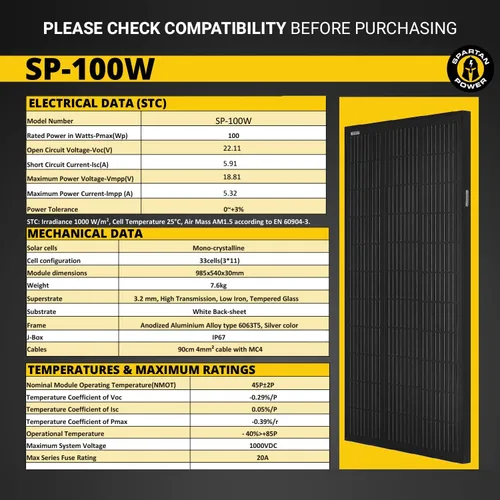 Vista 6 de Spartan Power Panel solar de 100 W, 9 barras de autobús, color negro, ideal para RV, remolque, cámper, barco, cabina, granja, SP-100W