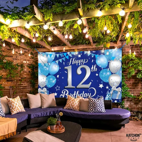 Vista 6 de KatchOn, Cartel de feliz cumpleaños número 12, 72 x 44 pulgadas, decoración de fiesta de feliz cumpleaños número 12 azul y plateado para niños