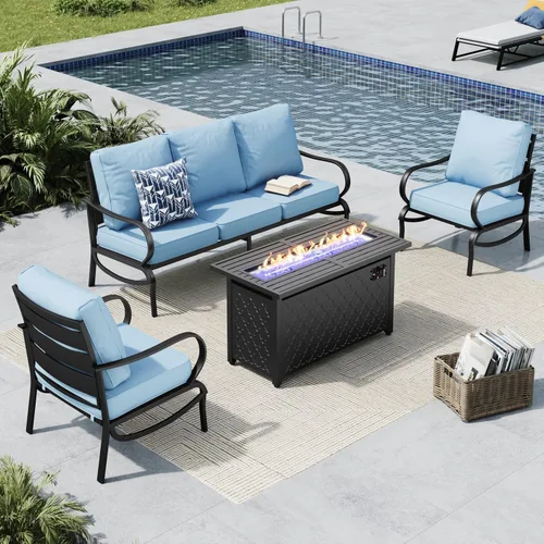 Vista 67 de MFSTUDIO Juego de 4 piezas de conversación para patio, marco de metal para todo tipo de clima, muebles de exterior con 1 mesa rectangular de propano