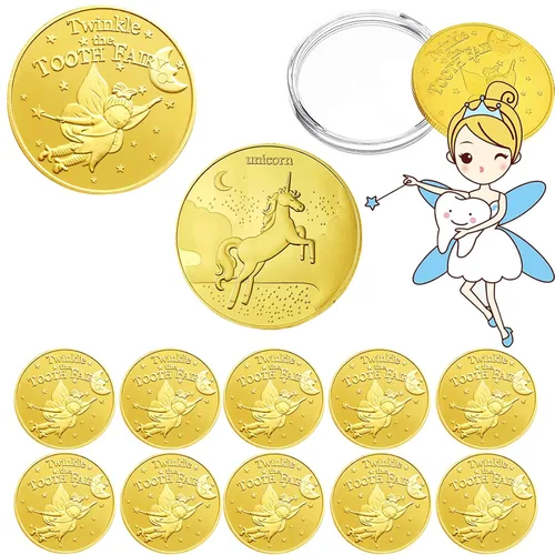 Vista 9 de Monedas de hada de dientes, 10 piezas de recompensa conmemorativa de dientes perdidos, moneda conmemorativa de dientes dentales, moneda de metal