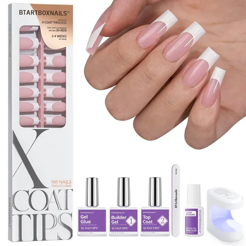 Vista 8 de BTArtboxnails XCOATTIPS - Uñas postizas a presión con punta francesa blanca 01-Kit de squoval extra corto con base rosada