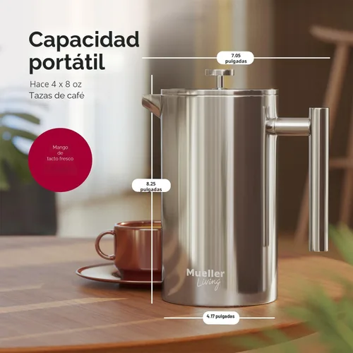 Vista 7 de Prensa francesa de doble pared, de acero inoxidable, con acabado de espejo (34 oz) 20% más resistente para café/té: Sistema multipantalla 100% sin