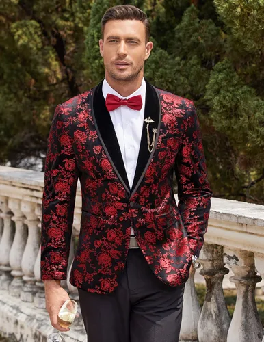Vista 2 de COOFANDY Men's Floral Tuxedo Jacket Shawl Lapel One Button Velvet Suit Jacket Dinner Prom Party Wedding Blazer