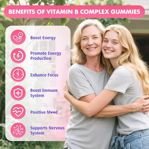 Vista 3 de Gomitas de complejo de vitamina B, todas las vitaminas B + metilo B12, B1, B2, B3, B5, B6, biotina, metilfolato, vitamina C, colina, inositol, PABA