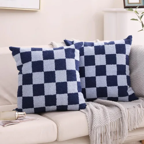Vista 8 de Alysheer Fundas de almohada decorativas bordadas a cuadros 18"x 18", juego de 2, fundas de almohada de algodón con patrón tuftado de cuadros