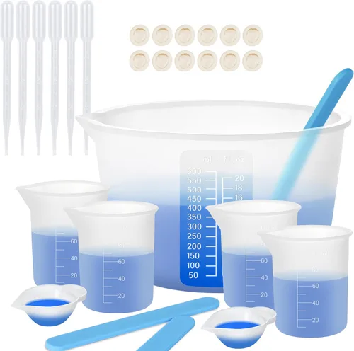 Vista 8 de KISREL Tazas de medición de silicona para resina, suministros de resina con tazas de silicona de 250&100ml, tazas de mezcla de resina, varillas