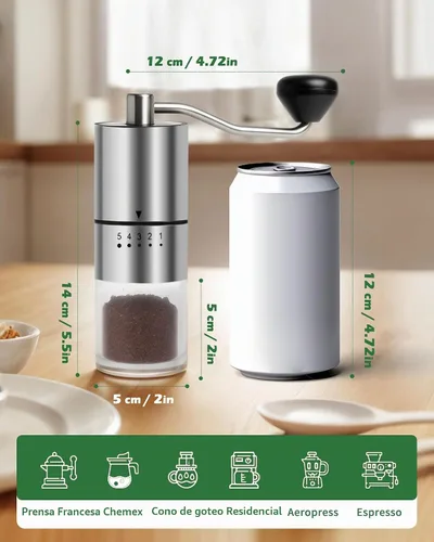 Vista 4 de Molinillo de café manual de acero inoxidable para goteo, prensa francesa, 5 ajustes ajustables, molinillo de café de mano, para uso doméstico