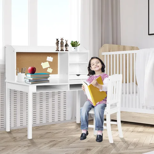 Vista 8 de Costzon Juego de escritorio y silla para niños, escritorio de estudio para niños con silla, gabinete, almacenamiento, cajones, estantes, tablero