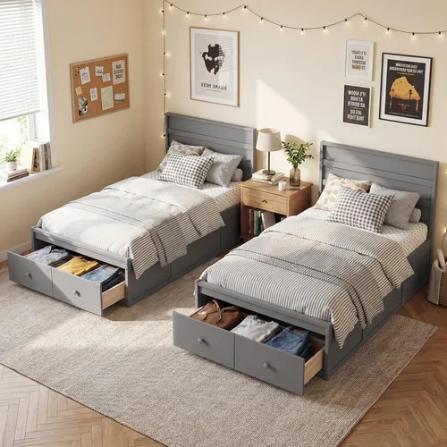Vista 4 de KOMFOTT Cama individual con 2 cajones, cama de almacenamiento individual con soporte de listones sólidos, cabecera y estribo, marco de cama de Gris