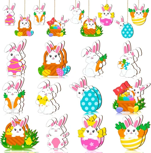 Vista 7 de Marsui 24 adornos de Pascua para árbol, feliz Pascua, adornos colgantes de madera, huevo, conejo, primavera, árbol, gnomo, pollo, rebanadas
