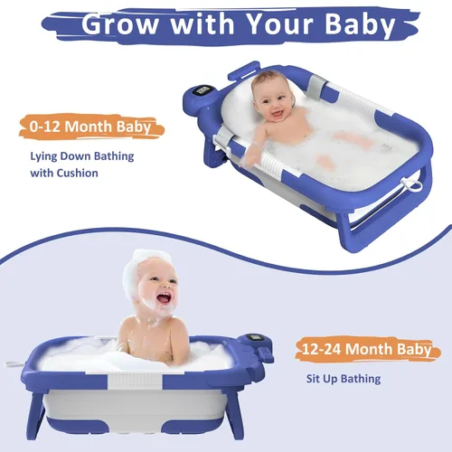 Vista 6 de Bañera plegable para recién nacidos a niños pequeños (0-24 meses), bañera portátil para bebés para viajes, bañera plegable con cojín suave y de Azul