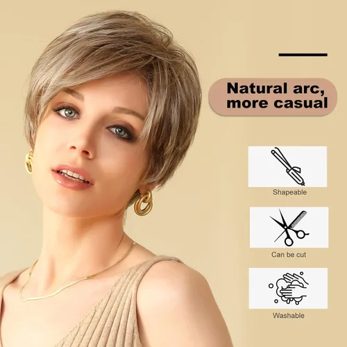 Vista 4 de HAIRCUBE Pelucas cortas de corte Pixie con textura de cabello humano para mujeres con flequillo pelucas sintéticas de repuesto - #17/101