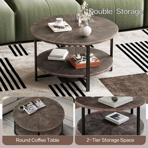 Vista 3 de Mesa de centro redonda con almacenamiento, 31.5 pulgadas, mesa central redonda rústica de madera de 2 niveles para sala de estar, mesas de té