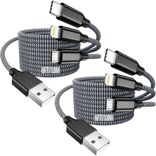 Vista 7 de Cable de carga múltiple de 10 pies, paquete de 2 unidades, cargador USB 3 en 1, cable de carga largo multi iPhone de nylon trenzado, certificado