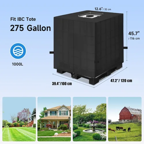 Vista 6 de NEVERLAND Funda para IBC Tote 275 Galones, 420D Cubierta para Tanque de Agua, Negra, Protector Solar para Tote, Resistente al Agua, Compatible