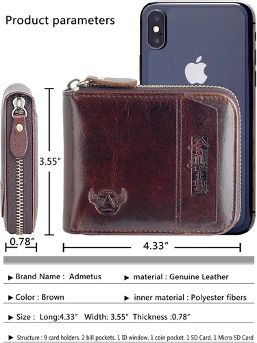 Vista 5 de Admetus - Cartera de piel auténtica para hombre con cremallera, plegable